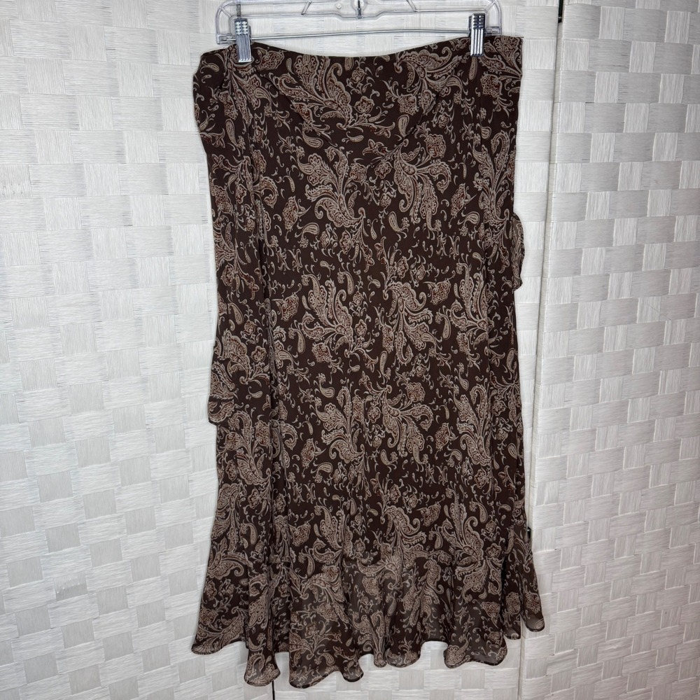 Brown Paisley Tiered Ruffle High-Low Midi Skirt Womens Large Boho - Picture 5 of 6